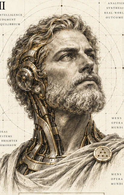Agent 10, a mature classical philosopher-engineer with restrained cybernetic detailing. Working portrait.